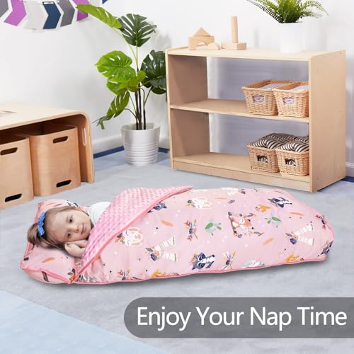 Primlect Thickened Toddler Nap Mat with Removable Pillow and Minky Blanket, Extra Large 55''x35'' Sleeping Bag, Washable, Roll up, Perfect for Daycare, Preschool, Kindergarten, Boys and Girls Pink Fox - color: Pink Fox