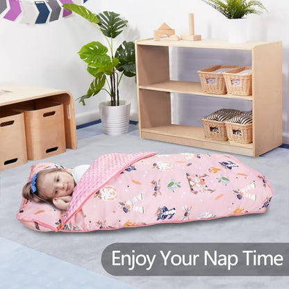 Primlect Thickened Toddler Nap Mat with Removable Pillow and Minky Blanket, Extra Large 55''x35'' Sleeping Bag, Washable, Roll up, Perfect for Daycare, Preschool, Kindergarten, Boys and Girls Pink Fox - color: Pink Fox