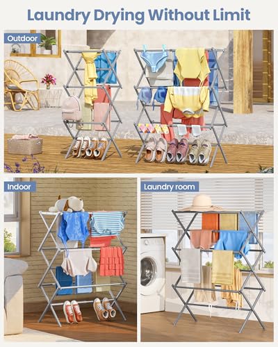APEXCHASER Oversize Clothes Drying Rack, 3-Tier Drying Rack Clothing, Expandable Metal Laundry Drying Rack, Air Drying Rack, Clothes Rack, No Install, 24lb Capacity, 14.9" D x 29.3" W x 39.3" H, Grey - color: Gray