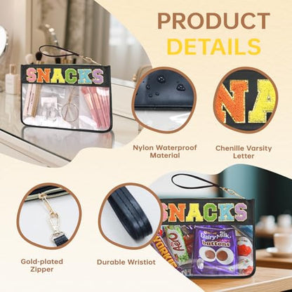 Snacks Bag Clear Chenille Varsity Letter Zipper Pouch Travel Makeup Bag Aesthetic Storage Organizer Pouches for Women with Glitter Patch Letters (Black-Snacks) - color: HS-SNACKS