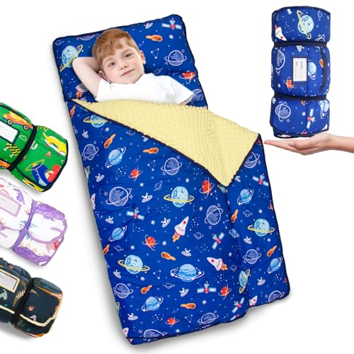Primlect Thickened Toddler Nap Mat with Removable Pillow and Minky Blanket, Extra Large 55''x35'' Sleeping Bag, Washable, Roll up, Perfect for Daycare, Preschool, Kindergarten, Boys and Girls (Space) - color: Space Ship