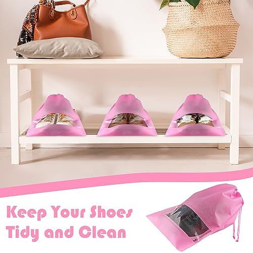 Pink Travel Shoe Bags - 5 Pcs Non-Woven Drawstring Packing Bags with Clear Window (15.7" x 11.8") - color: Pink, style: 5 Pack