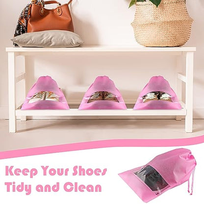 Large Pink Travel Shoe Bags - 10 Pcs, Non-Woven Drawstring with Clear Window (12.6" X 17.3") - color: Pink, style: 10 Pack
