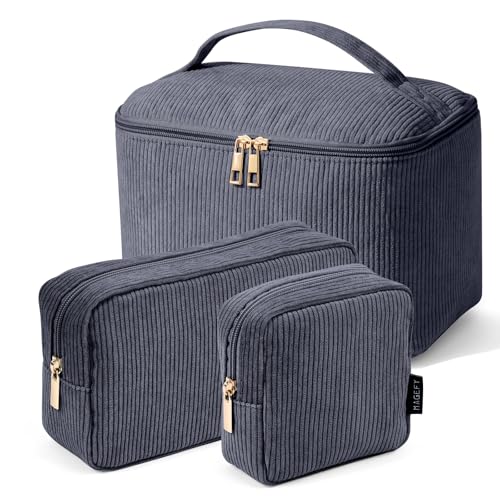 MAGEFY Small Makeup Bag for Purse Mini Cosmetics Bag Corduroy Cute Cosmetic Pouch for Women with Slip-in Pockets - color: Grey-3pcs