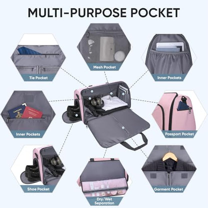 BALEINE Travel Garment Bag, Travel Suit Bag for Men, Water Resistant Carry on Garment Bag for Hanging Clothes, Garment Duffel Bag for Travel Business (Pink-Convertible) - color: Pink-Convertible