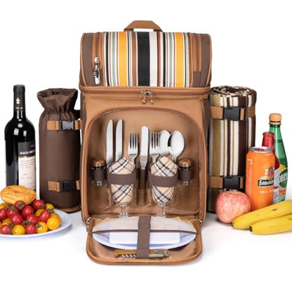 ALLCAMP Picnic Backpack - Insulated Cooler Bag with Compartment, Detachable Wine Glass Holder, Throw Blanket & Cutlery Set,2 Person Picnic Set for Family Outings, Couple Gifts (Brown) - color: Brown, size: 2 person
