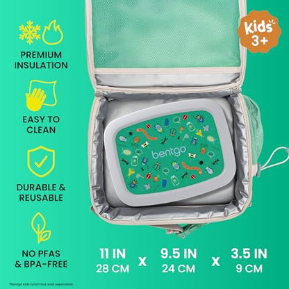 Bentgo Kids Lunch Bag - Durable, Double-Insulated Lunch Bag for Kids 3+; Holds Lunch Box, Water Bottle, & Snacks; Easy-Clean Water-Resistant Fabric & Multiple Zippered Pockets (Bug Buddies) - color: Bug Buddies