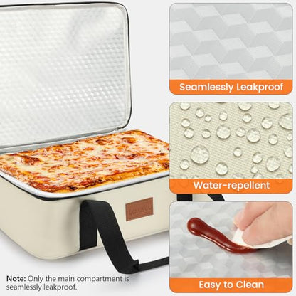 Food Warmer Electric Casserole Carrier - Large Heated Lunch Bag for Car Truck, 12V/24V/110V, Thermos for hot food for Potluck Cookouts Parties Picnic,Lasagna Lugger,Fits 9"x13" Baking Pan (Beige) - size: Beige