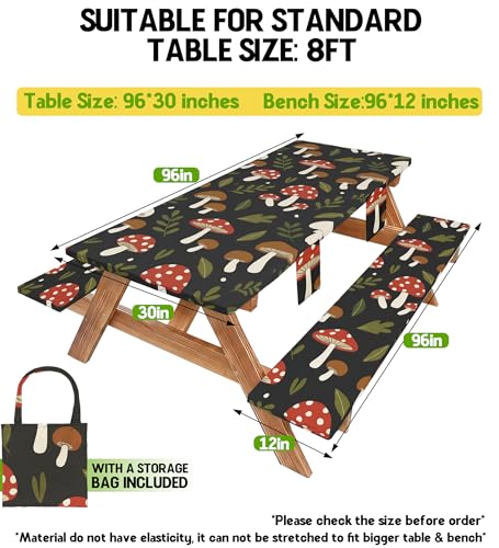Picnic Table Cover with Bench Covers Elastic Tablecloth Camping Essentials Table Cloth Outdoor Glamping Cool Unique Fun Ideas Birthday Camping Gifts for Mother Mama Mommy Mom from Daughter Son Black - color: Black mushrooms, size: 96in