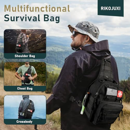 Survival Kit, 262Pcs Survival Gear and Supplies with First Aid Kit Pouch and Crossbody Bag, Emergency Kit with Tent, Camping Axe Hammer, Survival Shovel w/Pick, Bug Out Bag Gifts for Men Women - color: Black