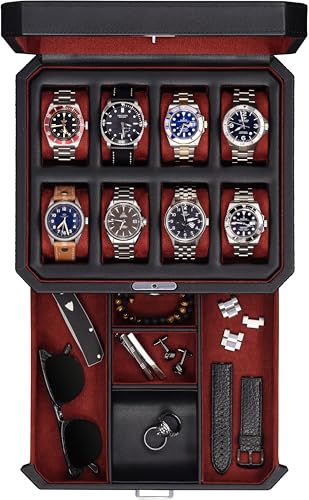 ROTHWELL 8 Slot Leather Watch Box with Valet Drawer - Luxury Case Display Jewelry Organizer, Locking Display Case Holder, Real Glass Top - Watch Box Organizer for Men & Women (Black/Red) - color: 8 Slot - Black/Red