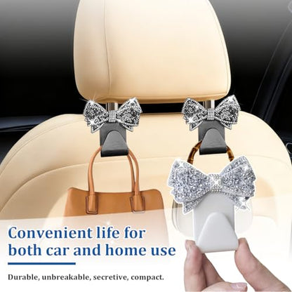 2PCS Bling Bow Car Seat Headrest Hook, Lovely Crystal Rhinestone Back Seat Storage Organizer for Handbag Purse Coat, Girly Sparkling Diamond Backseat Bag Hanger Holder, Universal Fit (Black) - color: Black