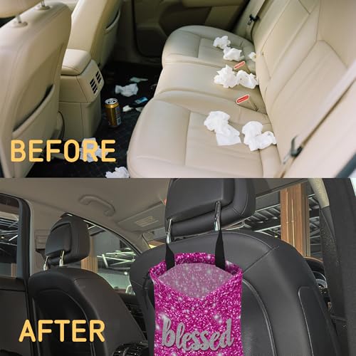 Blessed Car Garbage Bag,Pink Glitter Small Car Trash Bag Hanging Back of Seat,Drawstring Car Trash Bag with Adjustable Buckle,Car Accessories for Camping Travelling - color: Blessed