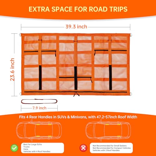 Extra Large Car Ceiling Cargo Net 39.3" x 23.6" for SUV,Truck & Van,Double Layer Roof Storage Organizer with Adhesive Straps,Overhead Mesh Holder for 4 Handle Vehicles,Camping Travel,Orange - size: 39.3" X 23.6"