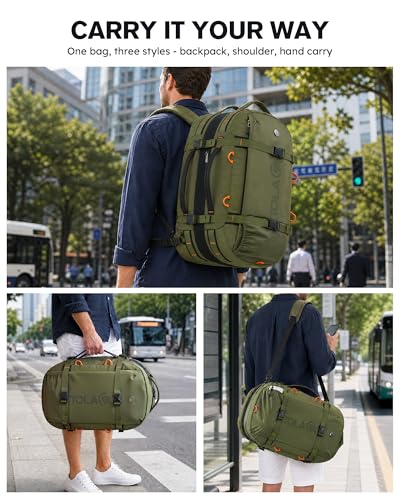 Tolaccea Travel Laptop Backpack for Men Women, 40L-50L Expandable Carry On Backpack with Wet Dry Compartment, TSA Approved Daypack Fits 16 Inch Laptop, Convertible Rucksack Duffel Bag for Work Travel - color: Army Green