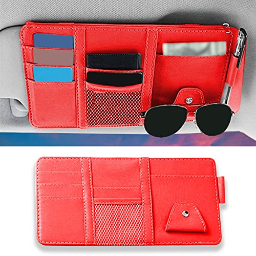 1 Pack Car Sun Visor Organizer, Sunglasses Holder for Car Sun Visor, Auto Interior Accessories Pocket Organizers Can Store for Sunglasses, Documents, Cards, Pen, Drivers License (Red) - color: Red