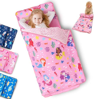 Primlect Toddler Nap Mat with Removable Pillow and Fleece Blanket, Extra Large 55''x35'' Sleeping Bag, Washable, Light, Easy to Roll up, Perfect for Daycare, Preschool, Kindergarten, Travel - color: Mermaid
