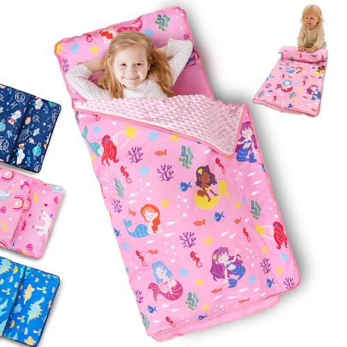 Primlect Toddler Nap Mat with Removable Pillow and Fleece Blanket, Extra Large 55''x35'' Sleeping Bag, Washable, Light, Easy to Roll up, Perfect for Daycare, Preschool, Kindergarten, Travel - color: Mermaid