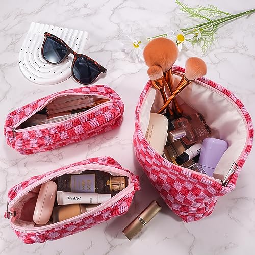 ZLFSRQ 3Pcs Makeup Bag Checkered Cosmetic Bag Set Travel Toiletry Bags for Purse Large Small Makeup Pouch for Women Cute Preppy Pencil Pouch Case Pink Zipper Skincare Bags - color: B-Checkered 3Pcs Mix Pink