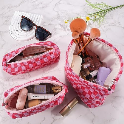 ZLFSRQ 3Pcs Makeup Bag Checkered Cosmetic Bag Set Travel Toiletry Bags for Purse Large Small Makeup Pouch for Women Cute Preppy Pencil Pouch Case Pink Zipper Skincare Bags - color: B-Checkered 3Pcs Mix Pink