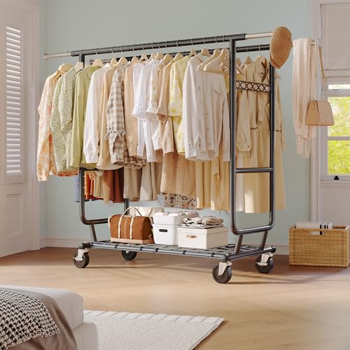Raybee Clothes Rack Load 650LBS Heavy Duty Clothing Rack, Collapsible Clothes Racks for Hanging Clothes with Adjustable Height & Double Rods, Commercial Garment Rack with Wheels, Easy Assembly, Black - color: Black