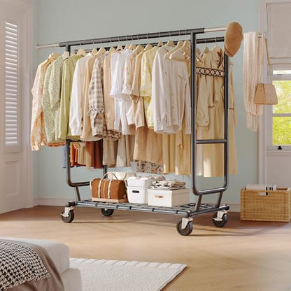 Raybee Clothes Rack Load 650LBS Heavy Duty Clothing Rack, Collapsible Clothes Racks for Hanging Clothes with Adjustable Height & Double Rods, Commercial Garment Rack with Wheels, Easy Assembly, Black - color: Black