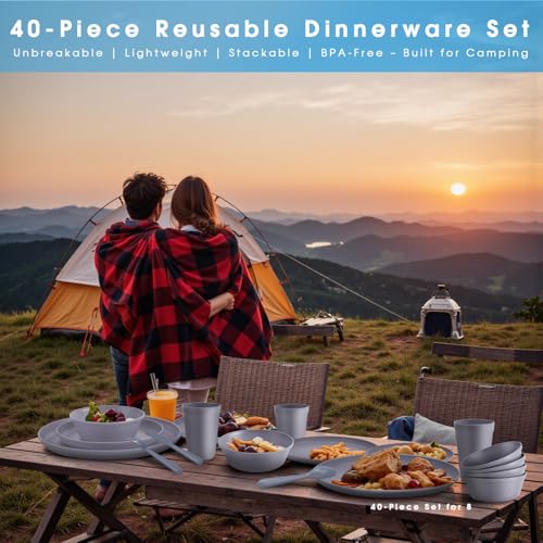 40 Piece Plastic Dinnerware Set for 8 with Cutlery, Unbreakable Plates and Bowls Set, Dishwasher & Microwave Safe Reusable Dish Set for Camping, RV, Outdoor Kitchen, Apartment Dining, Gray - color: Gray