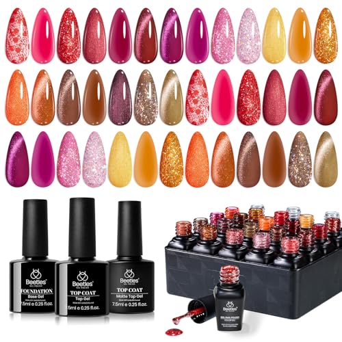 Beetles Gel Nail Polish Set – Opulent Glow Cat Eye Gel Polish, 20 Colors Red Orange Yellow Glitter Brown, Soak Off UV LED with Base Glossy Matte Top Coat for DIY Manicure Gift for Women - color: 1-Opulent Glow