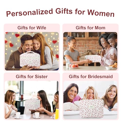 GISMTR 3Pcs Makeup Bag Cotton Quilted Travel Cosmetic Bag Cute Floral Makeup Pouch Large Toiletry Bag for Women Girls - color: Pink leopard print