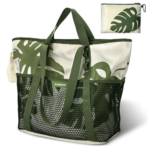 PASMAN Large Beach Bag with Zipper-8 Pockets Sandproof Beach Tote Bag for Women,Foldable Lightweight Family Swim Bag Vacation - color: Green Maple Leaf