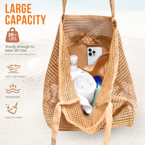 HOHOM Beach Bags for Women, Summer Travel Mesh Tote Bag with Large Inner Pocket, Sandproof Woven Shoulder Handbag - color: Tan