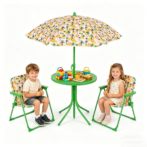 HONEY JOY Kids Picnic Table, Animal Themed Toddler Outdoor Table and Chair Set, 2 Folding Chairs & Removable Umbrella, Children Outdoor Furniture for Backyard Patio Garden (Green Lion) - color: Green Lion