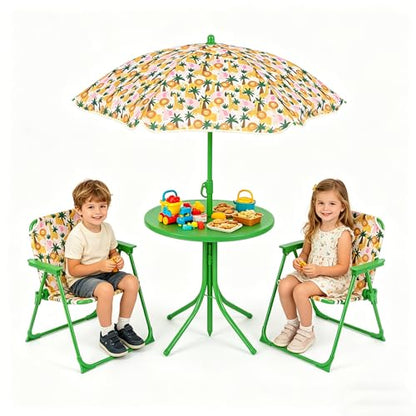 HONEY JOY Kids Picnic Table, Animal Themed Toddler Outdoor Table and Chair Set, 2 Folding Chairs & Removable Umbrella, Children Outdoor Furniture for Backyard Patio Garden (Green Lion) - color: Green Lion