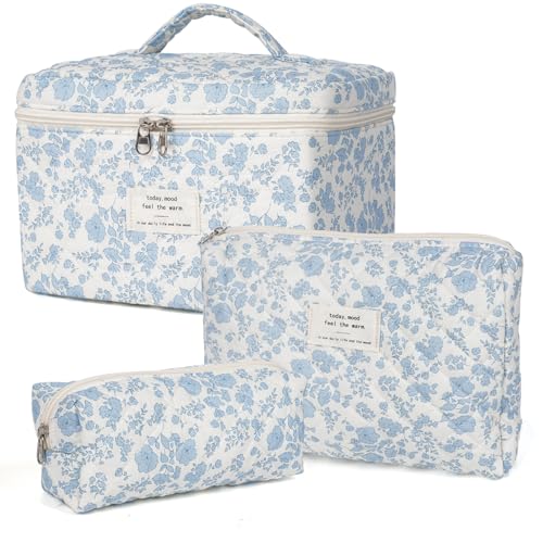 Makeup Bag,Quilted Cosmetic Bag,Large Floral Make Up Bag for Women,Cotton Makeup Bag Set,Flower Travel Toiletry Bag - color: Blue-White