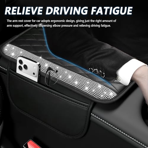Stacool Upgraded Car Center Console Cover with Rhinestones,Microfiber Leather Car Armrest Cover Cushion with 2 Storage Bags,Universal Cars Armrest Storage Box as Cars Interior Accessories - color: Upgraded Diamond - Bling Silver