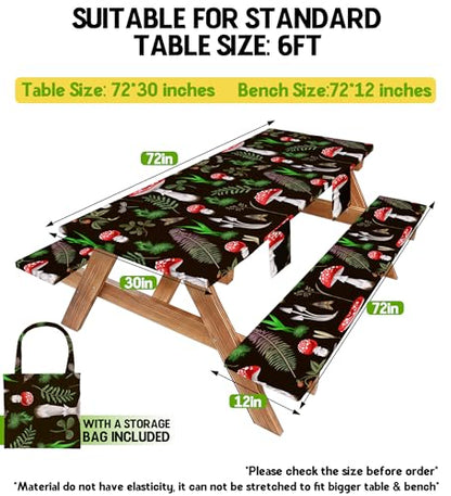 Fitted Picnic Table Cover with Bench Covers Vinyl Waterproof Elastic Edges Fitted Rectangle Table Cloth Patio Tablecloth Camping Essentials Rv Gear Accessories Road Trip Supplies Car Travel Must Have - color: Black Red Mushrooms, size: 72in