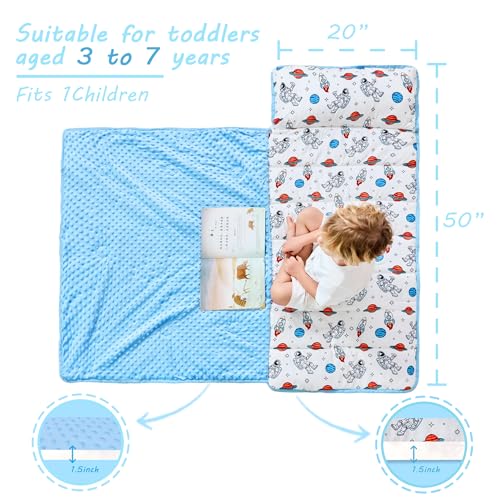 Lasoftan Toddler Nap Mat with Pillow and Blanket, Extra Large Rolled Napping Mats,Slumber Bags for Boys Girls,Kids Sleeping Bag for Daycare, Preschool Travel Camping - color: Astronaut