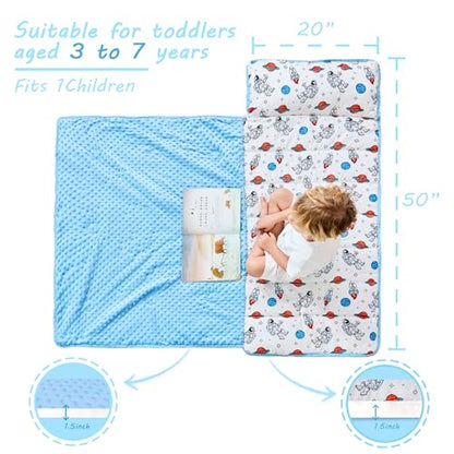 Lasoftan Toddler Nap Mat with Pillow and Blanket, Extra Large Rolled Napping Mats,Slumber Bags for Boys Girls,Kids Sleeping Bag for Daycare, Preschool Travel Camping - color: Astronaut