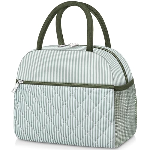 KUBYA Lunch Bag Lunch Box for Women Adult Men Insulated Quilted Reusable Large Lunch Tote Bag Leakproof Simple Cooler Bag for Work Office Picnic Beach or Travel - color: B-Green Stripes, size: Medium - 10L