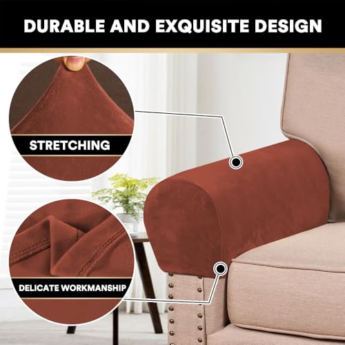 PrinceDeco 2 Pack Thick Velvet Stretch Armrest Covers for Chairs and Sofas Armchair Covers for Arms Couch Arm Covers Armrest Covers for Sofa Non Slip, Rust - color: Rust