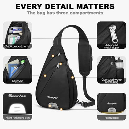 Seektop Anti Theft Crossbody Bag for Women RFID Blocking Waterproof Sling Backpack Lightweight 400D Nylon Small Chest Pack Shoulder Bag for Travel Hiking Commuting Men Black - color: Black