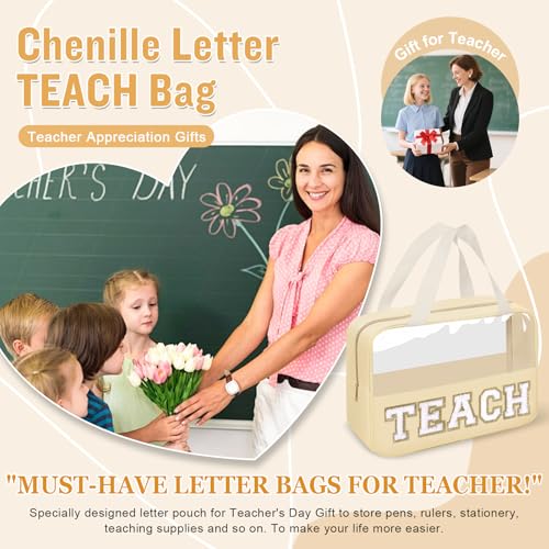 izuzta Teacher Appreciation Gifts TEACH Chenille Letter Clear Makeup Bag Pouch, Monogram Teacher Supplies Zipper with Handle Travel Cosmetic Bag Graduation Retirement Gifts for Women(TEACH-Beige) - color: TEACH-Beige
