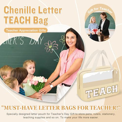 izuzta Teacher Appreciation Gifts TEACH Chenille Letter Clear Makeup Bag Pouch, Monogram Teacher Supplies Zipper with Handle Travel Cosmetic Bag Graduation Retirement Gifts for Women(TEACH-Beige) - color: TEACH-Beige