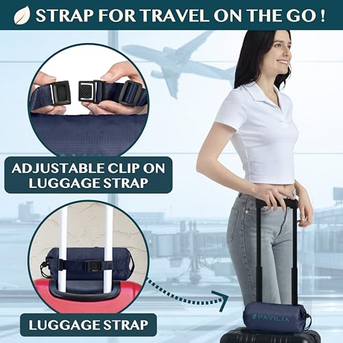 PAVILIA Travel Blanket Airplane Compact with Bag, Lightweight Soft Fleece Plane Blanket Long Flights, Camping Road Trips, Packable Travel Gift Essentials with Luggage Backpack Strap, 65x40, Navy Blue - color: Navy Blue
