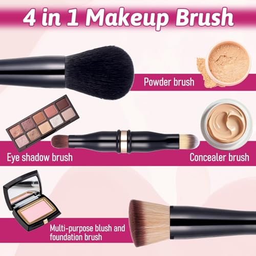Travel Makeup Brushes 4 in 1 Makeup Brush Retractable Makeup-Brush Set Double Ended Makeups Brushes Set with Case Powder Foundation/Blush Eyeshadow Concealer Brush for Liquid Cream Powder