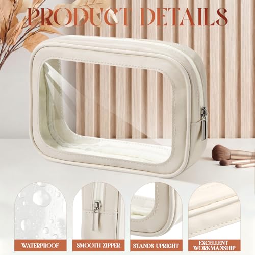 Abbylike 4 Pcs Beige Clear Makeup Bag PU Leather Tsa Approved Toiletry Bag with Zipper Transparent Waterproof Portable Cosmetic Bags Travel Car Clear Organizer Bags for Women Girl Mother's Day - color: Beige