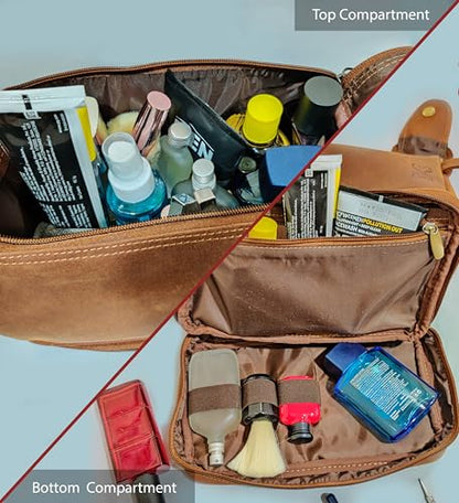 Leather Toiletry Bag for Men - Travel Shaving Dopp Kit - Bathroom Shower Toiletries Organizer - Cosmetic Make up Bag for Women