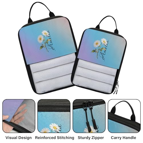 Custom 6 Set Compression Packing Cubes for Travel, Personalized Lightweight Luggage Organizer Bags with Birth Flower, Expandable Large Expandable Packing Organizer, Light Blue - color: Blue Pinks Purple
