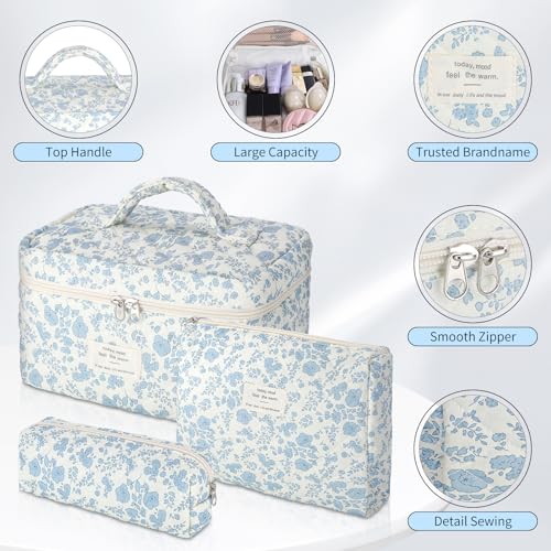senbowe Floral Makeup Bag, 3 Pack Large Cotton Quilted Makeup Bag Set, Cute Floral Coquette Aesthetic Toiletry Bag Make Up Cosmetic Bag for Women, Toiletry Travel Make Up Organizer Bag - color: Blue-White