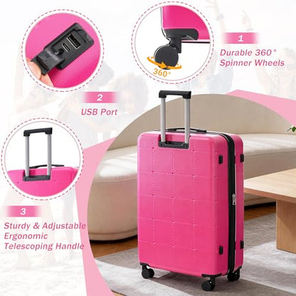 Merax Luggage Sets 5 Piece, Hardside 20" Half-opening Carry On Suitcase Set with USB Port,Lightweight Travel 24" 28" Luggage with Bags TSA Locks Double Spinner Wheels,Pink - color: Pink, size: 3 piece(20front open+24+28+bags)